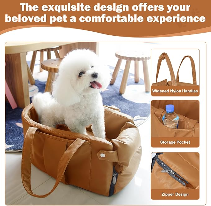 2 and 1 Center Console Dog Car Seat & Carrier for Small Dogs, Large Leather Dog Car Bed with Storage Pocket, Waterproof PVC Leather Seat Travel Bed for Front & Back Seat, Clip-On Safety Leash-PawvioPets