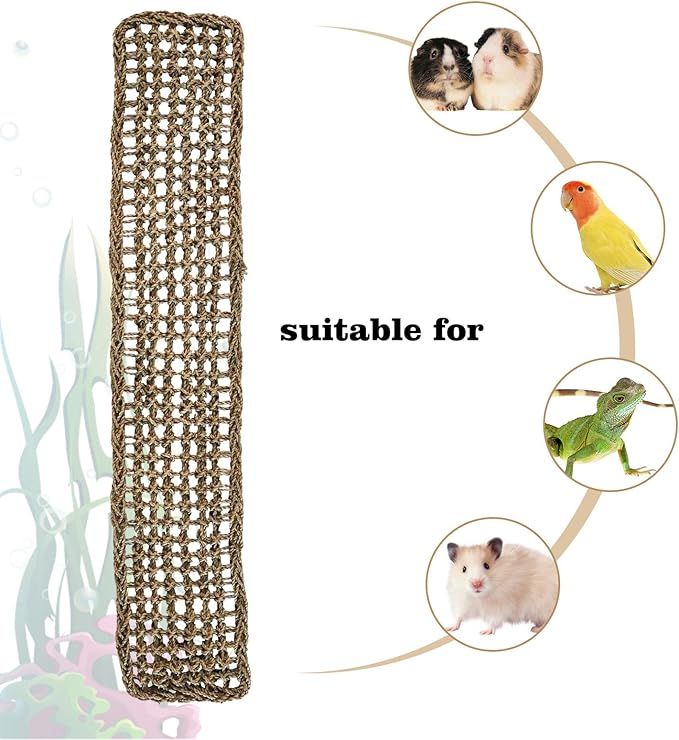 39 x 7 Inches Seagrass Mat, Natural Seagrass Woven Net, Bird Hammock Mat with Hooks, Cage Accessories, Climbing Rope Ladder Chew Toys for Cockatiel, Hamster, Guinea Pig, Rats, Parakeet-PawvioPets
