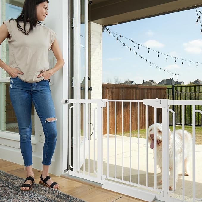 Cumbor 29.7-57" Extra Wide Baby Gate for Stairs, Mom's Choice Awards Winner-Dog Gate for Doorways, Pressure Mounted Walk Through Safety Child Gate for Kids Toddler, Tall Pet Puppy Fence Gate, White-PawvioPets