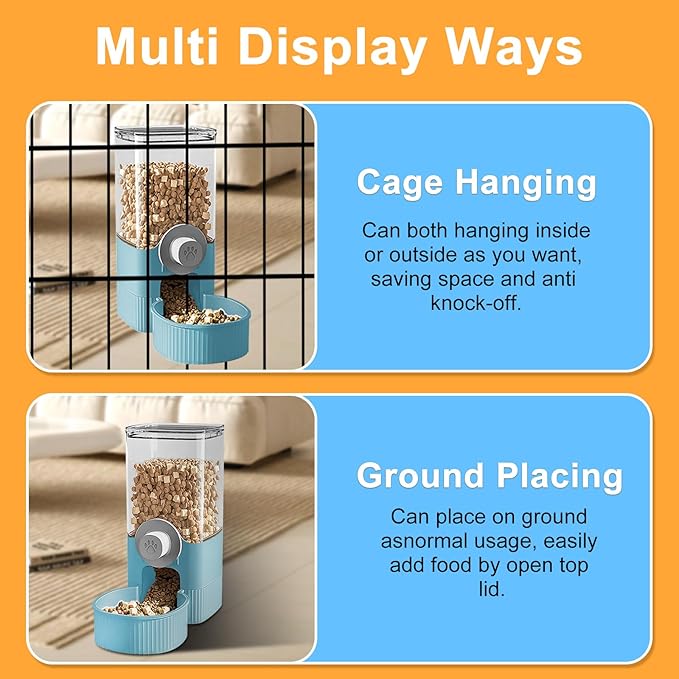 Auto Gravity Food Dispenser for Cage Hanging, 41OZ Capacity Hanging Automatic Pet Cage Feeder, Food Bowl for Cats Dogs Rabbit Ferret Chinchilla Bird Hedgehog Guinea Pig (Blue)-PawvioPets