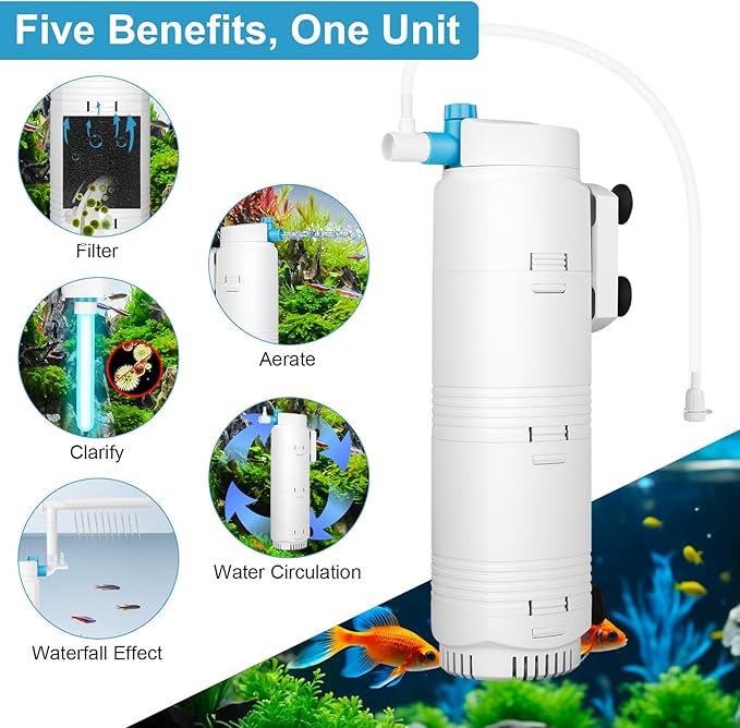 Aquarium U-V Filter with Programmable Timer for 40–160 Gallon Fish Turtle Tanks, Internal Submersible Power Filter with Bio Sponge, Adjustable Flow & Aeration for Freshwater Saltwater-PawvioPets
