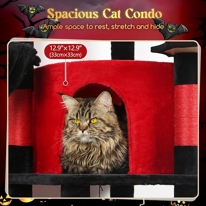 Globlazer Gothic Corner Cat Tree Tower with Scratching Post for Indoor Cats, 51inch Goth Cat Condo Tower with Large Hammock, Fan-Shaped Padded Perch, Spacious Cat Cave, Hanging Basket, C51, Red Black-PawvioPets