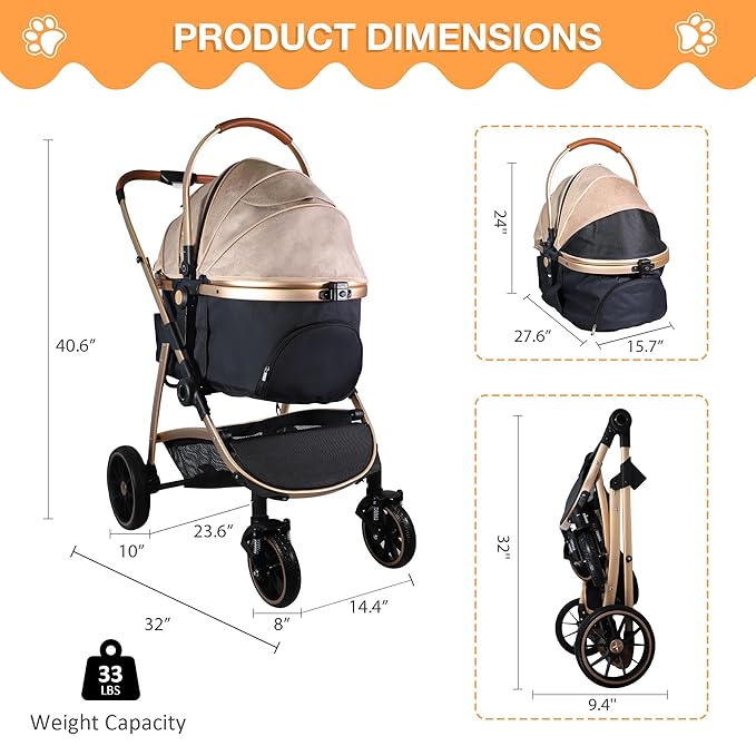 Dog Stroller for Small Medium Dogs, 3 in 1 Folding Pet Stroller Up to 33 lbs, 4 Wheels Pet Strolling Cart with Zipperless Entry, Cat Dog Travel Carrier with Cup Holder & Storage Basket-PawvioPets