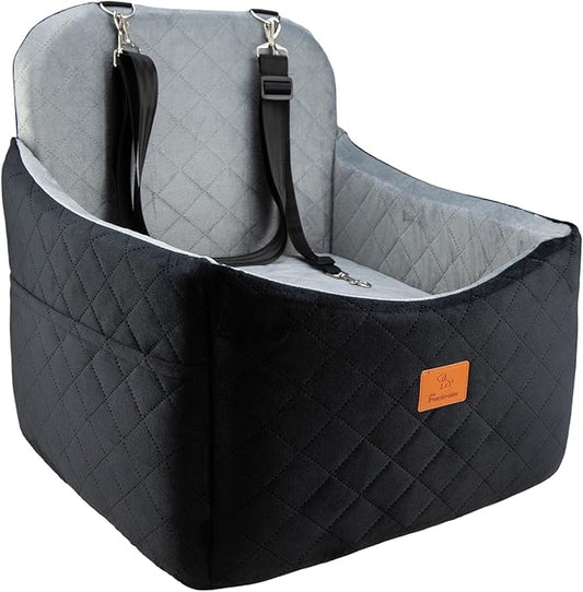 Dog Car Seats for Small/Medium Dogs, FurFrolic Memory Foam Dog Booster Seat for Small Dogs up to 35 lbs, Travel Pet Car Seat with Washable Detachable Cover, Storage Pockets, 2 Safety Belts, Black Gray-PawvioPets