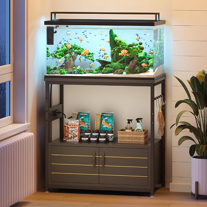 Bestier 20-29 Gallon Fish Tank Stand with Power Outlets, Metal Long Aquarium Stand with Storage Cabinet, 31x15 Reptile Terrarium Stand with Horizontal Gold Line, Stainless Hooks, 350 Lbs(Black)-PawvioPets