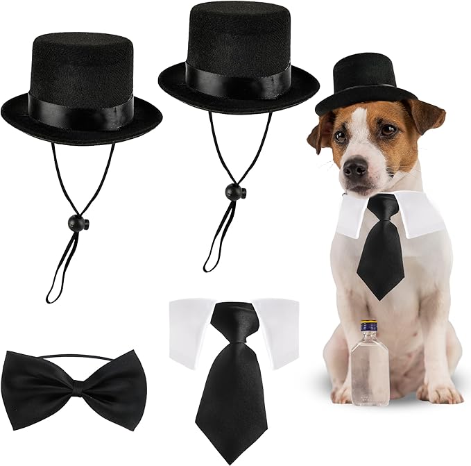 4 Pcs Pet Formal Halloween Costume Accessories Dog Wedding Bow Tie Top Hat Puppy Gentleman Costume for Small Medium Dogs Cats Halloween Party-PawvioPets