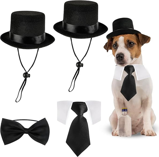 4 Pcs Pet Formal Halloween Costume Accessories Dog Wedding Bow Tie Top Hat Puppy Gentleman Costume for Small Medium Dogs Cats Halloween Party-PawvioPets