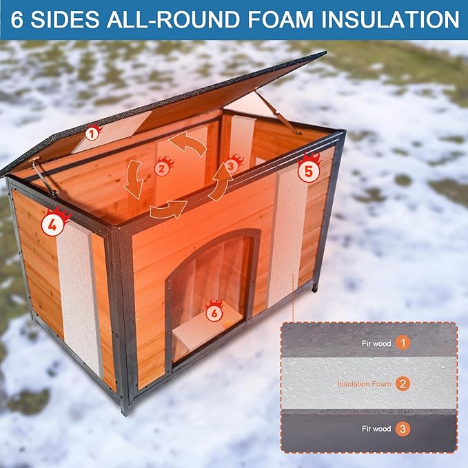 Dog House Outdoor Insulated 43.3" L Large Dog Kennel 6 Sides All-Round Foam Winter Weatherproof for Small Medium Large Dogs with Strong Metal Chew Proof Frame-PawvioPets