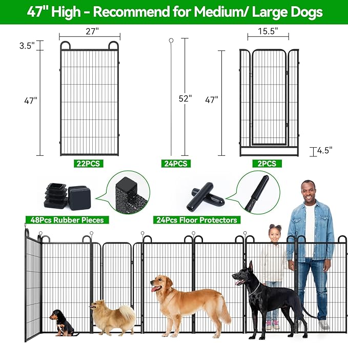 Dog Playpen Outdoor 24 Panels Heavy Duty Dog Fence 47" Height Anti-Rust with Doors Portable for RV Camping Yard, Total 54FT, 227 Sq.ft, Snowy Black-PawvioPets
