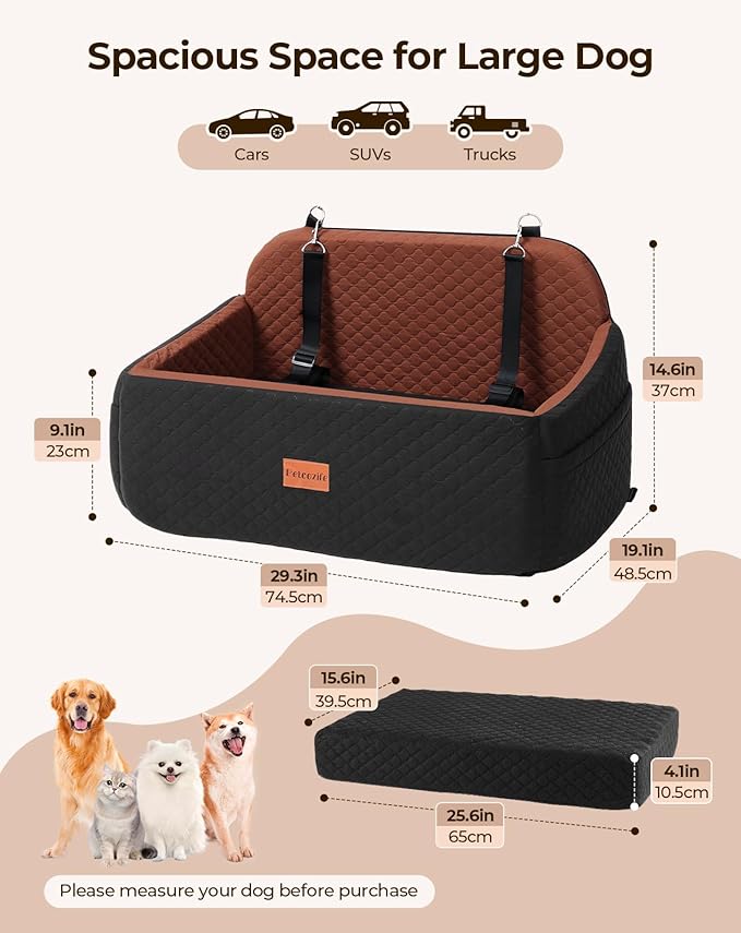 Dog Car Seat for Large Medium Dogs, Pet Car Seat Under 55 lbs or 2 Puppies, Removable Washable Pets Travel Booster Bed for Automotive Backseat with Comfy Thick Cushion, 2 Safety Leashes(Black/Brown)-PawvioPets