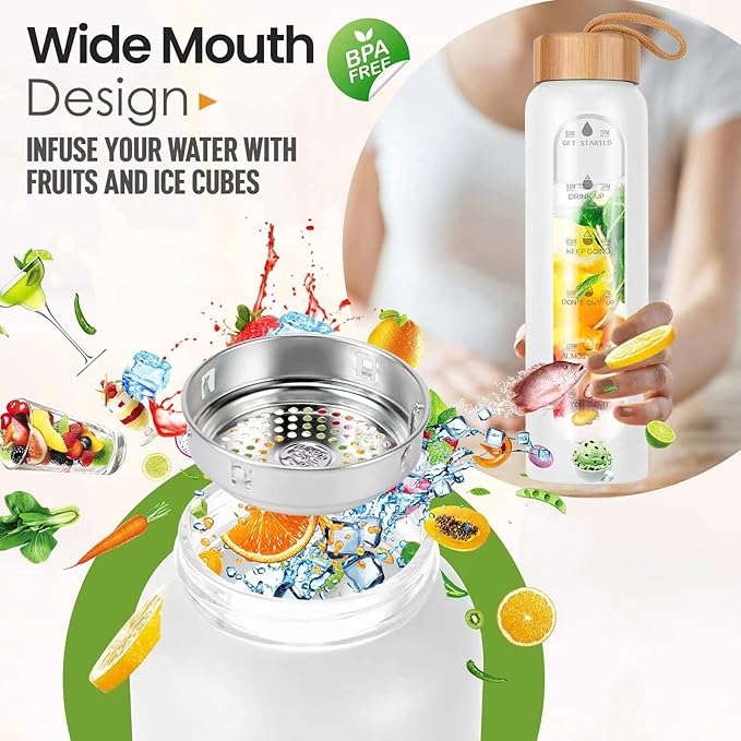 Aqulea Glass Water Bottles 32 Oz with Silicone Sleeve - BPA Free Reusable Wide Mouth Glass Motivational Water Bottles with Fruit Infuser – Leak Proof Borosilicate Water Bottle with Time Marker (White)-PawvioPets