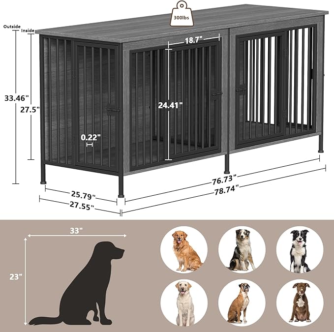 EasyCom 78 Inch Dog Cage Furniture for 2 Pets with Divider, XXL Wooden Double Dog Crate Furniture TV Stand for Mideum and Large Breed, Durable and Sturdy-PawvioPets