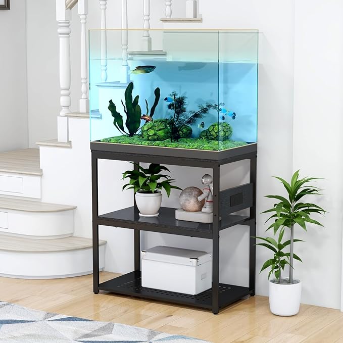 20-29 Gallon Fish Tank Stand with Power Outlets, 3-Tier Metal Aquarium Stand, Breeder Reptile Tank Stand with Shelf for Home Office, 660LBS Capacity, 29.5 x 15.8 x 30.1 inches, Black-PawvioPets