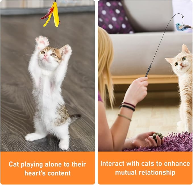 Cat Feather Toys, 10PCS Toys with Super Suction Cup, 2PCS Detachable Wand & 6PCS Replacement Teaser Refills, Interactive Indoor Cat Play-PawvioPets