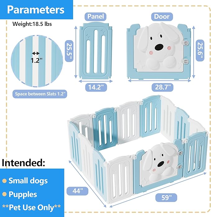 Foldable Dog Play Pen Indoors, Non-Slip Sturdy Puppy Playpen with Door, 25.5" H 12-Panel Adjustable Shape Dog Fence Pen for Small/Medium Dogs, Thickened, Easy to Store, White+Blue-PawvioPets