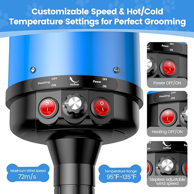 Dog Dryer, 5.2HP/3800W High Velocity Dog Hair Dryer with 4 Nozzles, Stepless Adjustable Speed & Temperature Control, Low Noise Professional Dog Grooming Dryer (Blue)-PawvioPets