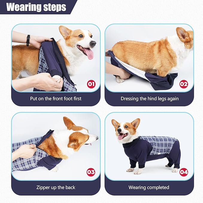 Dog Recovery Suit, Abdominal Wound After Surgery Wear, Anti Licking Bodysuit with Zipper, E-Collar & Cone Alternatives, Plaid Dog Spay Surgical Shirt Prevent Shedding(XL, Blue)-PawvioPets