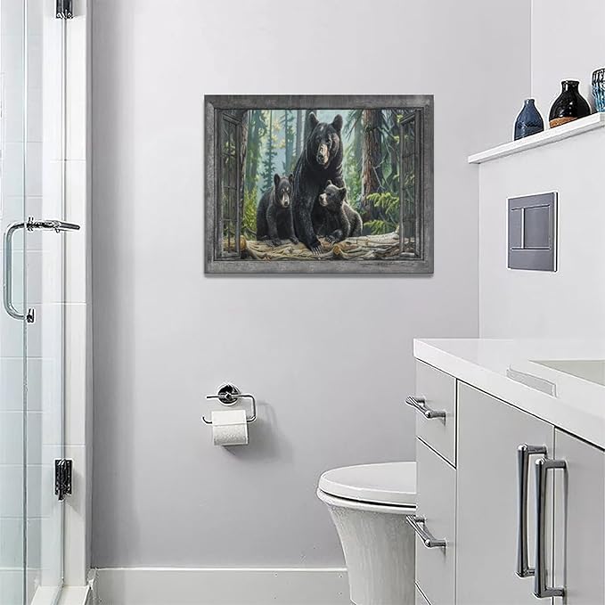 Black Bear Wall Art Forest Window Canvas Cabin Living Room Pictures Prints Animal Wall Decor Painting Artwork for Bedroom Dining Office Home 16"x12"-PawvioPets
