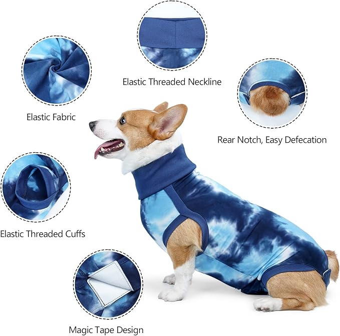 Dog Onesie Suit for Medium Large Dogs Recovery Suit for Tie Dye Pajamasfor Abdominal Wounds, Shedding, Prevent Licking L Blue2-PawvioPets