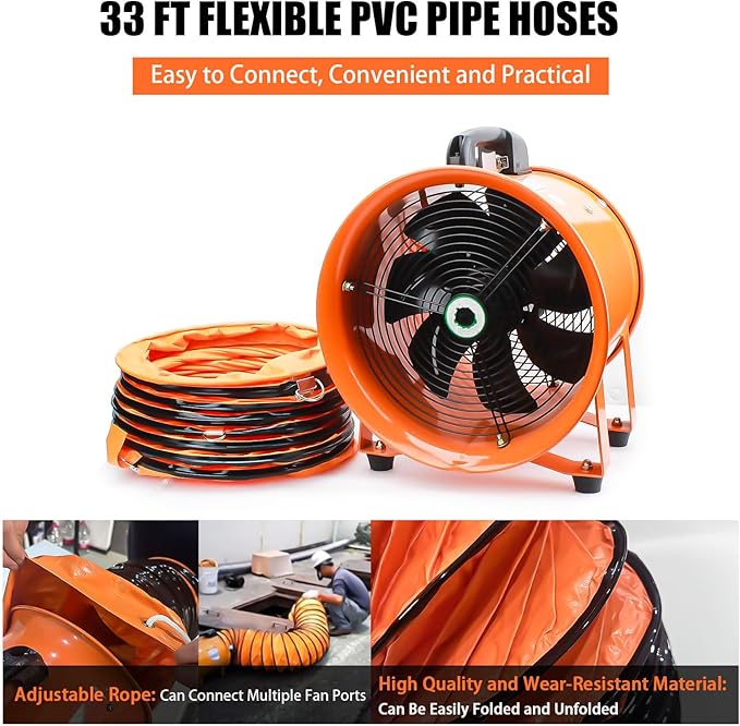 8-Inch High-Velocity Portable Utility Blower Fan, Industrial Exhaust Fan with 33ft Flexible Duct Hose, 3150 RPM Low-Noise Ventilator for Basements, Workshops, Warehouses, and Confined Spaces-PawvioPets