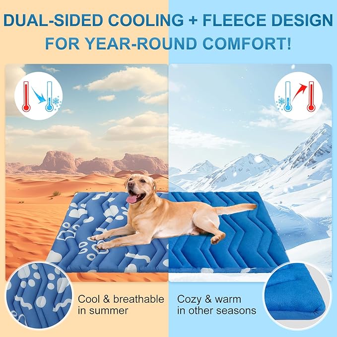 BEAUTYZOO Dog Cooling Mat- Upgraded Thicken Cooling Mat for Large Dogs Reversible(Cool & Warm) Pet Ice Cool Bed Washable & Portable, Summer Crate Pad for Big Dog Puppy Up to 100 lbs, Paw Blue 59X40IN-PawvioPets