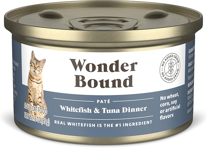 Amazon Brand - Wonder Bound Wet Cat Food, Pate, No Added Grain, (Whitefish & Tuna), 3 ounce (Pack of 24)-PawvioPets