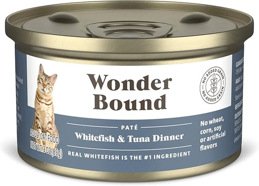 Amazon Brand - Wonder Bound Wet Cat Food, Pate, No Added Grain, (Whitefish & Tuna), 3 ounce (Pack of 24)-PawvioPets