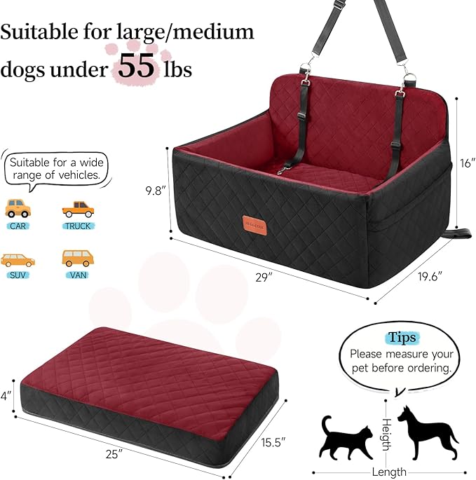 Dog Car Seat for Medium/Large Dogs, Pet Booster Seat for Under 55 lbs or 2 Small Dogs, Detachable & Washable Dog Car Bed for Backseat with 2 Safety Leashes (Blcak/red)-PawvioPets
