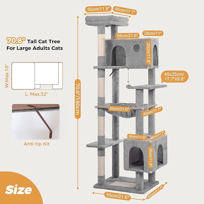 72” Cat Tree for Large Cats Big Cat Tower with Enlarged Hammock 21.6x17.7” Spacious Cats Condo House and Roomy Top Bed and Multiple Scratch Posts for Indoor Adult Cats (Grey, XLarge-72)-PawvioPets