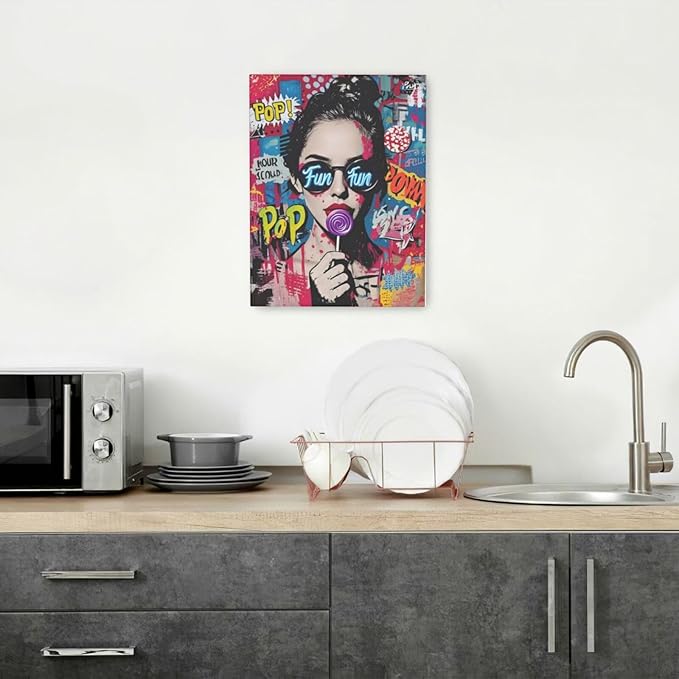 Fashion Women Wall Art Glam Modern Artwork for Girls Banksy Street Graffiti Pop Art Canvas Pictures Painting Print Framed Decorations Gifts for Bedroom Living Room Office 12"x16"-PawvioPets