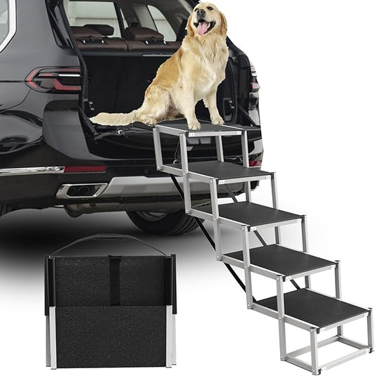 Dog Stairs for Large Dogs - 5 Step Foldable Dog Ramp for Car Non-Slip Surface Support up to 230lbs - Suitable for SUV,Truck, Sofas, Bed-PawvioPets