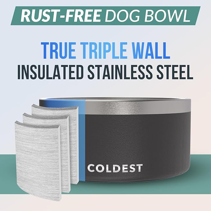 Coldest Dog Bowl - Anti Rust Metal, Non Slip, 3 Layers Insulated Stainless Steel Dog Bowls - Spill Proof & Heavy Duty - Water Bowl for Dogs, Cats & Pets, Dish Washer Safe (200 oz, Stealth Black)-PawvioPets