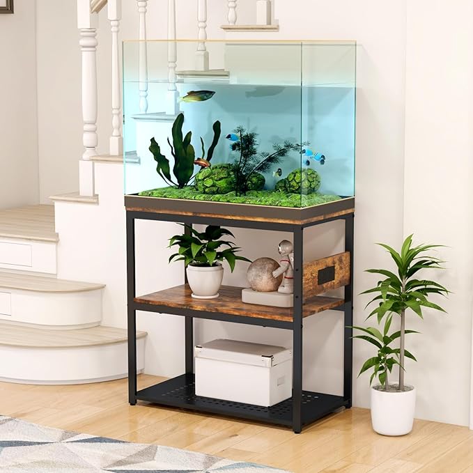 20-29 Gallon Fish Tank Stand With Power Outlets, 3-Tier Metal Aquarium Stands, Breeder Reptile Tank Stand with Shelf for Home Office, 660LBS Capacity, 29.5 x 15.8 x 30.1 inches, Brown-PawvioPets