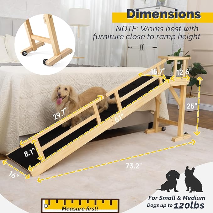 Dog Ramp for Bed or Couch, Wooden Pet Ramp with 20° Gentle Slope, Removable Side Rails, Non-Slip Surface, Top Platform & Wheels, Safe Bed Ramp for Small, Medium & Senior Dogs, 74" Long, Natural-PawvioPets
