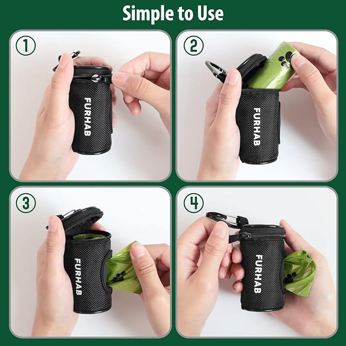 Dog Poop Bag Holder for Leash Doggie Waste Bag Dispenser Soft Fabric Puppy Potty Carrier Small Doggy Zipper Pouch with Carabiner Clip with 1 Roll of Pet Trash Bags, Black-PawvioPets