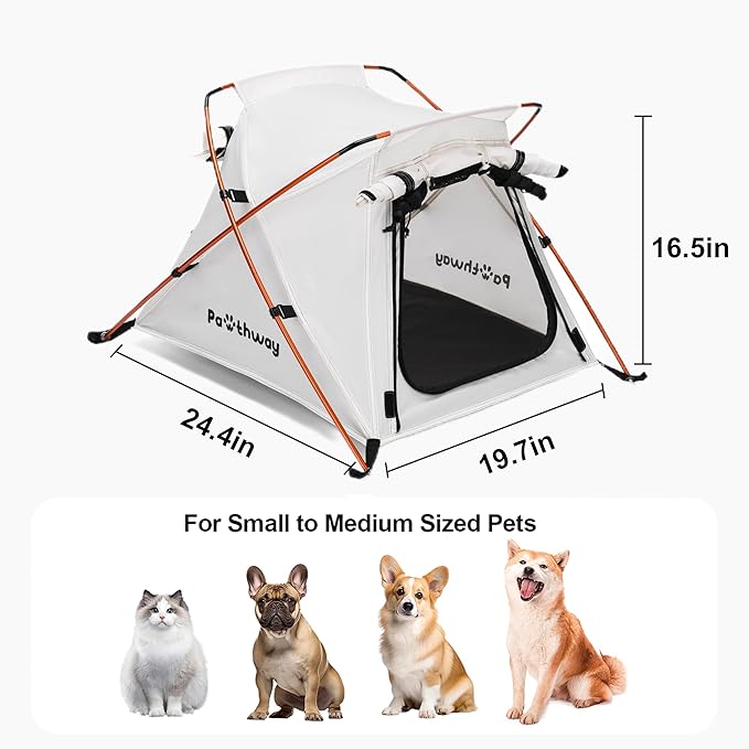 Dog Tent Cat Tent with Aluminum Poles and Camping Mat, Outdoor Waterproof Pet Tent with Zippered Mesh Door, Dog House, Cat House, Pet Playpen, Portable and Collapsible (White, Small)-PawvioPets