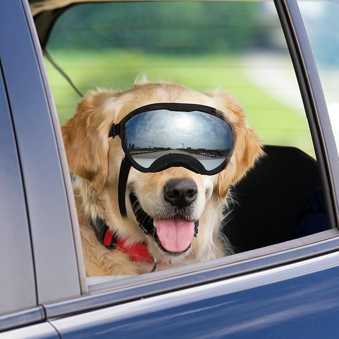Dog Goggles for Large Dogs, UV Wind Dust Fog Protection, Soft Frame Adjustable Dog Sunglasses, Summer Driving & Winter Snow Eyewear, Tactical Pet Glasses with Elastic Strap (Black)-PawvioPets