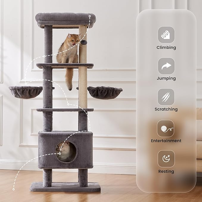 Gardner Pet 65in Heavy Duty Cat Tree Tower for Large Cats, Multi-Level Cat Furniture with Replaceable Sisal Scratching Post, Hammock | Extra-Large Platform & Condo (Grey)-PawvioPets