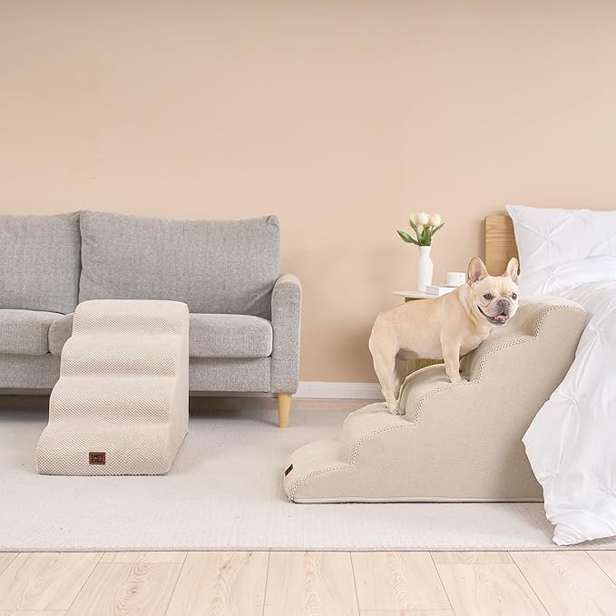 EHEYCIGA Curved Dog Stairs Ramp for High Beds 19.7" H, 4-Step Dog Steps for Small Dogs and Cats, Pet Stairs for High Bed Climbing, Non-Slip Balanced Pet Step Indoor, Beige-PawvioPets