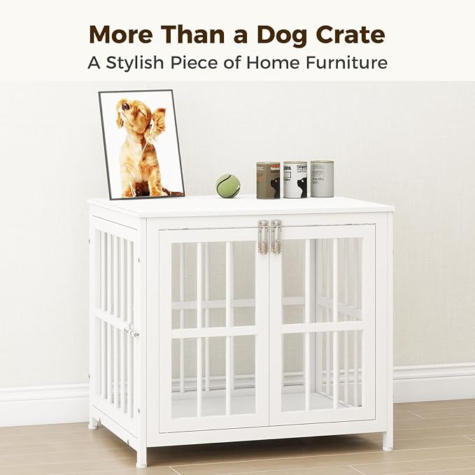 26 Inch Heavy Duty Wooden Dog Kennel End Table with Double Door Design and Secure Locks, Indoor Pet Crate Furniture for Small Dogs, Decorative Home Cage Design,White-PawvioPets