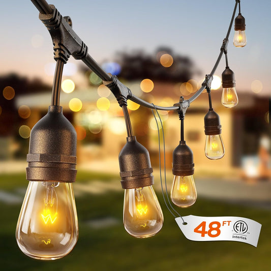 addlon 48 FT Outdoor String Lights Commercial Grade Weatherproof Strand, 18 Edison Vintage Bulbs, 15 Hanging Sockets (3 Spare Bulbs), ETL Listed Heavy-Duty Decorative Christmas Lights for Patio Garden