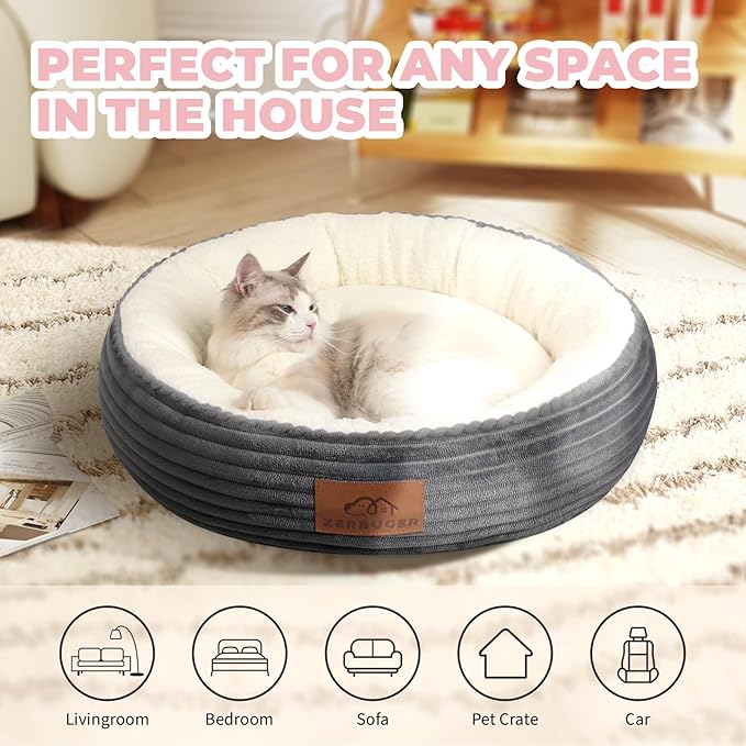 20in Washable Cat Beds for Indoor Cats - Round Donut Pet Bed for Cats, Small Dogs, Puppy, Kitten - Anti-Slip Bottom, Calming Bed Gift - Dark Grey-PawvioPets