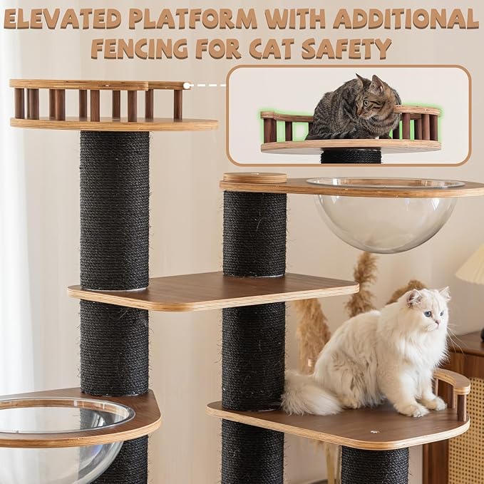 70.8'' Tall Luxury Cat Tree,All i,ne One Black Walnut Wood Modern Cat Tower for Indoor Large,Huge Multi-Level Cat Furniture with Scratching Posts,Condo,Cushion,Clear Bowl,Platform for Home Decoration-PawvioPets