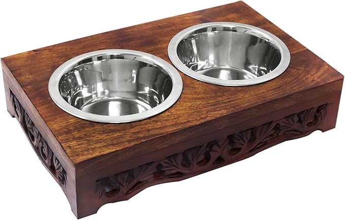 Elevated Pet Feeder for Dogs and Cats - Scroll Carved Wood Raised Dog Bowl Stand - Pet Feeding Stand with Two Steel Bowls - Raised Dog Bowl for Food and Water - Pet Feeding Station -17x11x4- IRONGATE-PawvioPets