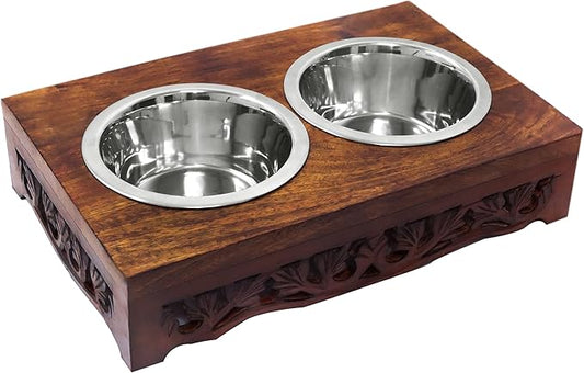 Elevated Pet Feeder for Dogs and Cats - Scroll Carved Wood Raised Dog Bowl Stand - Pet Feeding Stand with Two Steel Bowls - Raised Dog Bowl for Food and Water - Pet Feeding Station -17x11x4- IRONGATE-PawvioPets