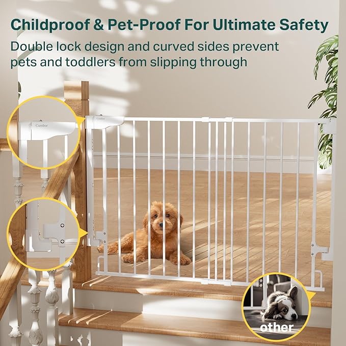 Cumbor 29.2-43" No Bottom Bar Baby Gate for Stairs, 2-in-1 Hardware Mounted Dog Gate Indoor, Auto Close Pet Gate for Doorways with Large Walk Thru Door, Wide Child-Proof Safety Gates for Kids (White)-PawvioPets