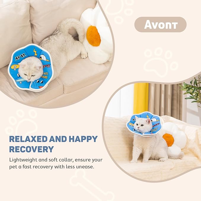 Avont Soft Cat Recovery Cone Collar, Adjustable Lightweight Kitten E-Collar for Small Dogs, Comfortable Neck Donut Stop Licking Scratching After Surgery -Skate(S)-PawvioPets