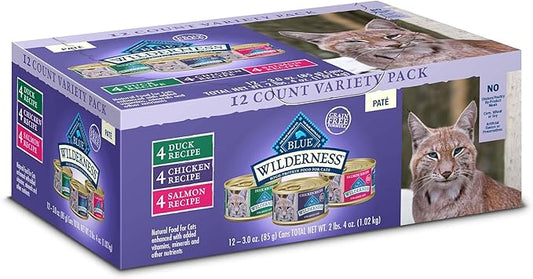 Blue Buffalo Wilderness High Protein, Natural Adult Pate Wet Cat Food Variety Pack, Chicken, Salmon, Duck 3-oz Cans (12 Count- 4 of Each Flavor)-PawvioPets
