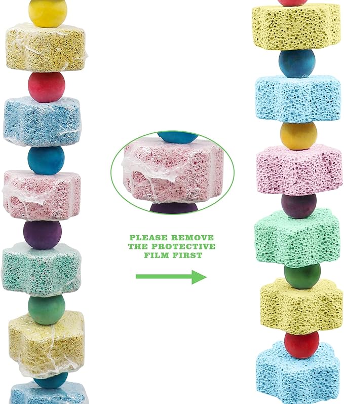 2 Pack Mineral Block Chew Toys with Colorful Beads and a Bell, Bird Beak Grinding Stone, Cage Accessories for African Grey, Budgies, Cockatiels, Small to Medium Birds-PawvioPets