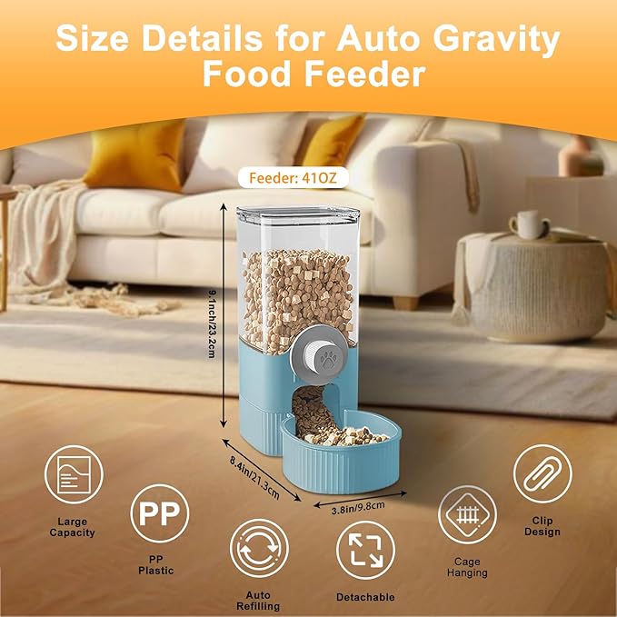 Auto Gravity Food Dispenser for Cage Hanging, 41OZ Capacity Hanging Automatic Pet Cage Feeder, Food Bowl for Cats Dogs Rabbit Ferret Chinchilla Bird Hedgehog Guinea Pig (Blue)-PawvioPets